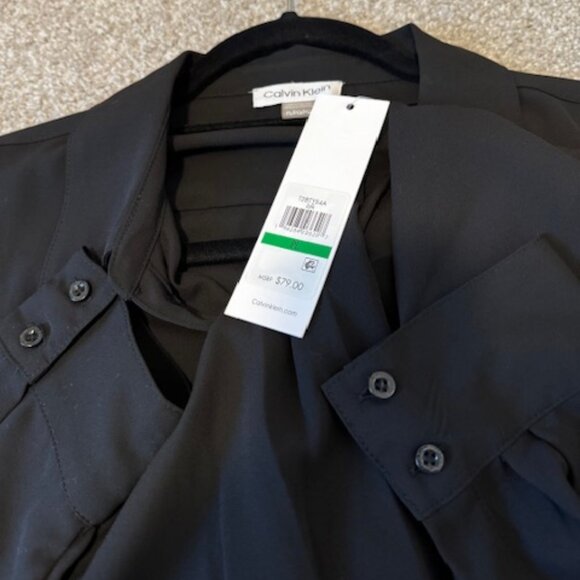 Calvin Klein Petite Ruffled-Front Button-Down Blouse in Black Size Petite Large - Picture 5 of 5